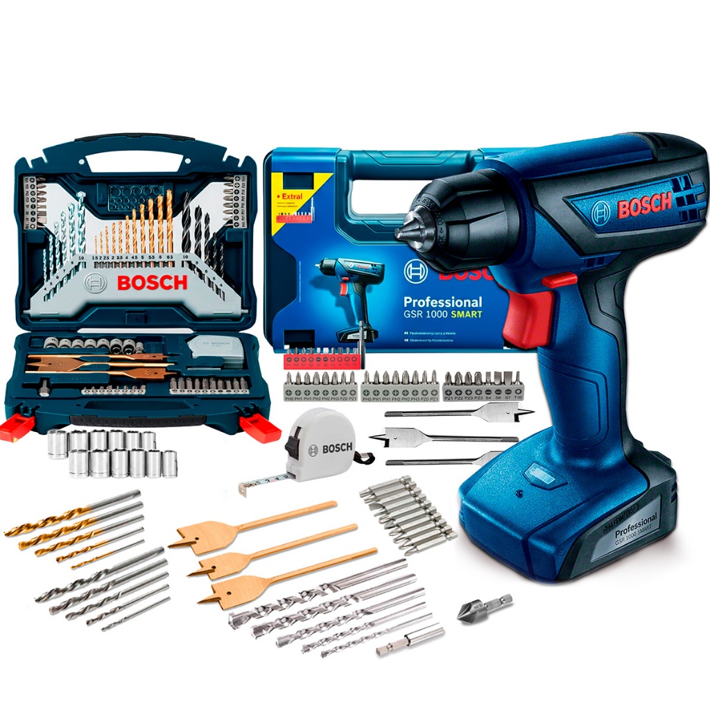 Imagem de Parafusadeira Furadeira Industrial Bosch Gsr 1000 Smart 12v Com Kit X-Line 70 Pçs Ferramentas