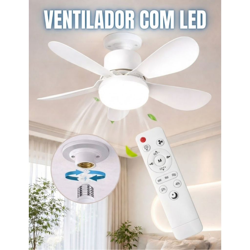Ventilador de Teto com Lâmpada LED E27 Controle Remoto 3 Cores Silencioso Bivolt Sala Quarto