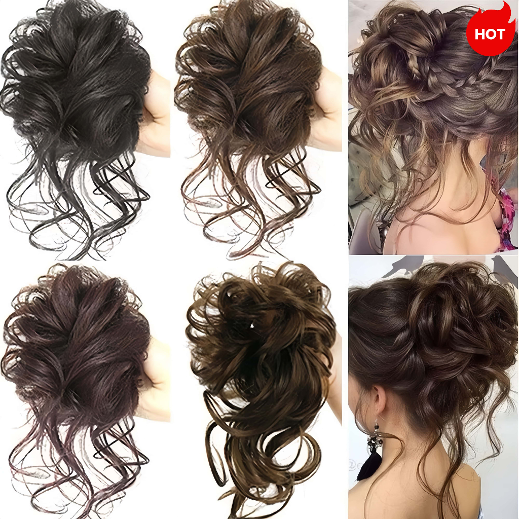 Faixa Elástica Com Cabelo Peruca De Coque Messy Scrunchie--Extensão De Rabo De Cavalo Preto e Marrom