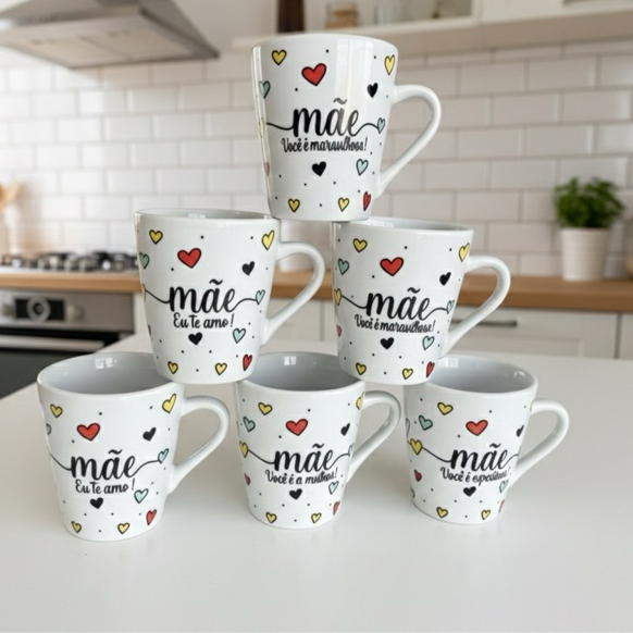 Kit Jogo Caneca 120ml Porcelana Xicara Mãe Faixa Personalizada Chá ,Café Xícara Faixa Mãe