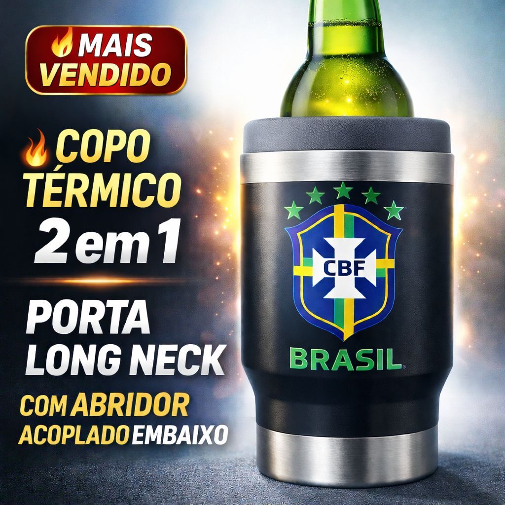 Copo Térmico Porta Long Neck com Abridor Personalizado | Porta Cerveja | 420ML | Copo Personalizado Brasil Copa do Mundo
