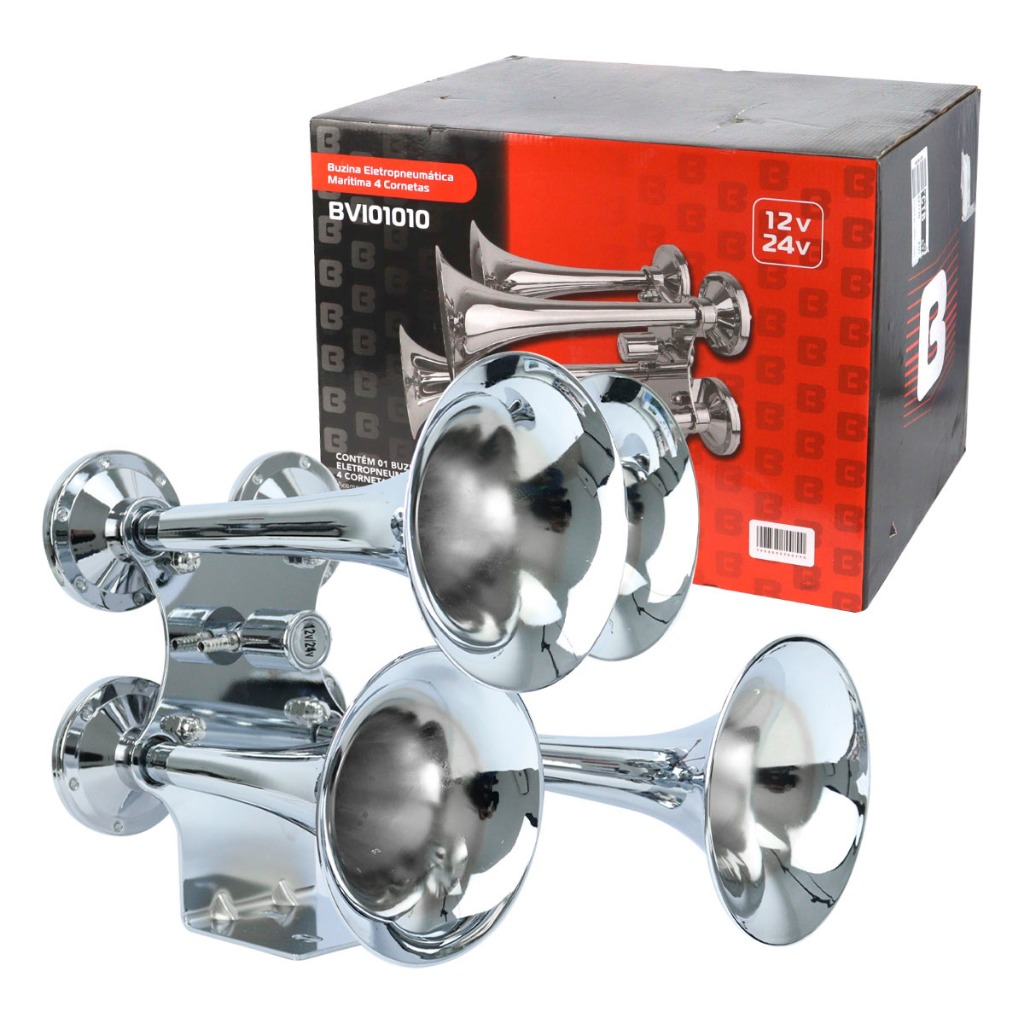 Buzina Ar Caminhão Som de Trem Navio 4 Cornetas Marítima Bivolt 12V 24V Mais Potente Do Mercado em Oferta na Shopee