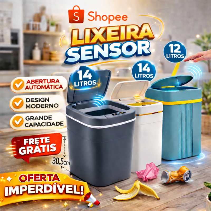 Lixeira Inteligente 12 14 Litros com Sensor Automático 3 Funções pilhas