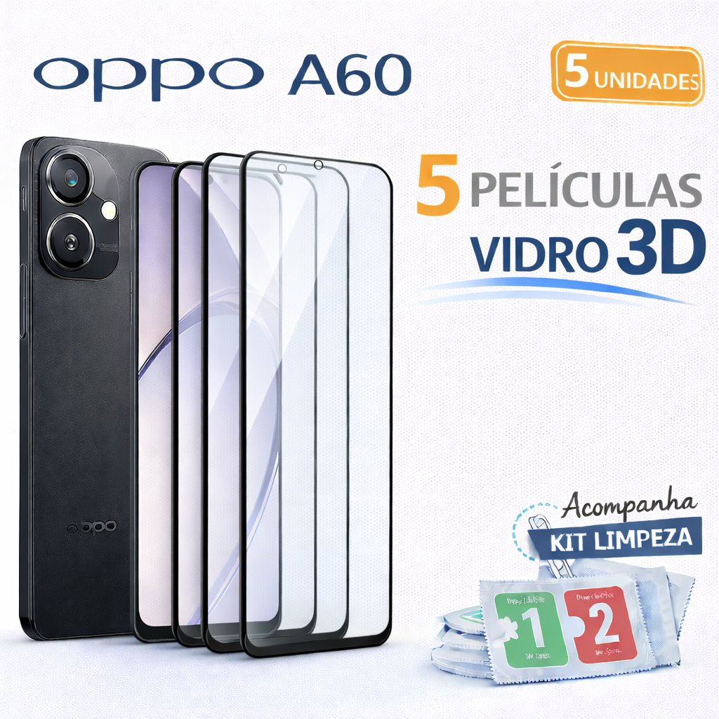 Kit 5 películas de Vidro 3D Para Oppo A60 + Kit Limpeza (Ler Descrição)