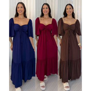 VESTIDO LONGO FEMININO ELEGANTE MANGA BABADO EN TECIDO DUNA DECOTE OMBRO OMBRO