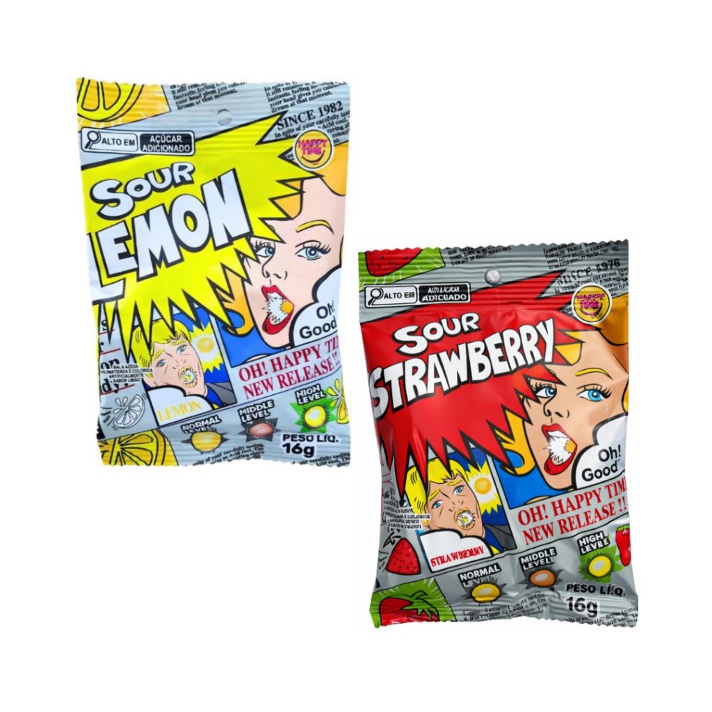 Kit 1 Bala Sour Lemon ( Limão) + 1 Bala Sour Strawberry ( Morango) Happy Time 16g cada em Oferta na Shopee
