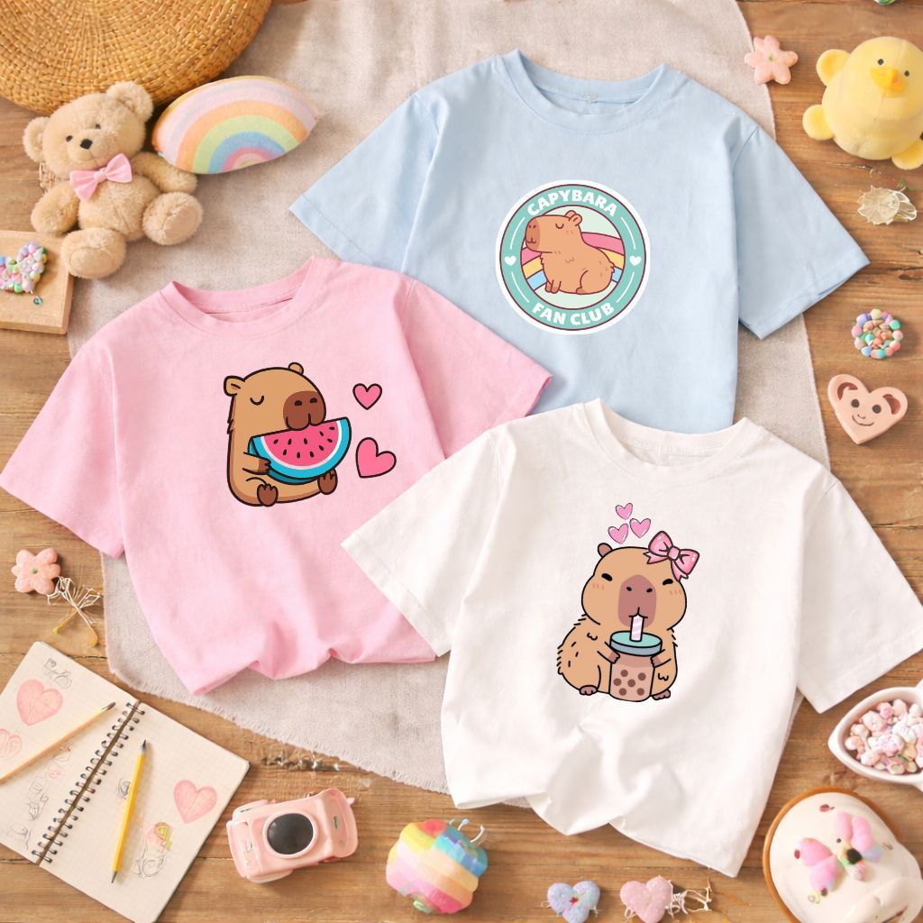 Kit 3 camisetas Infantis Meninas Modinhha Capybara Moderna e Casual