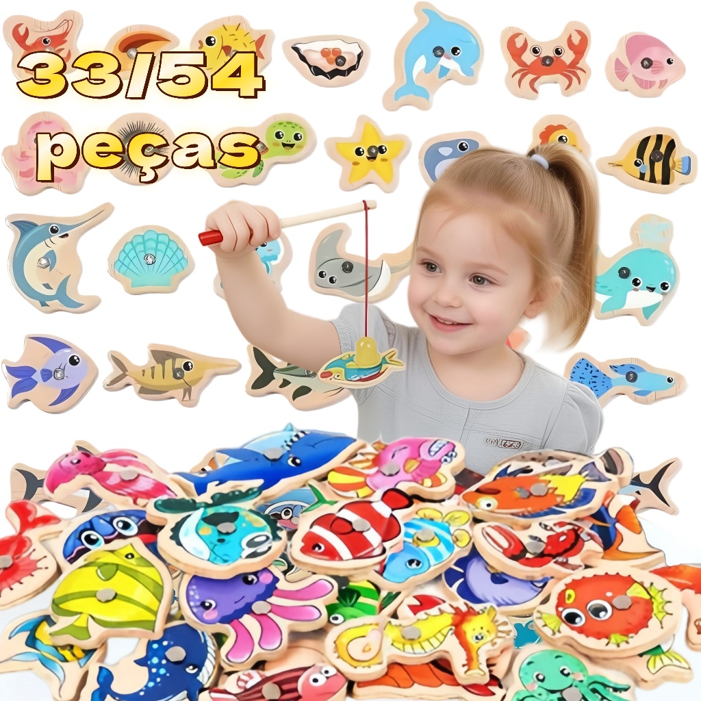 54/33 Peças Brinquedo Educativo Madeira Pescaria Magnética | Jogo Interativo Pai e Filho - Presente para Crianças