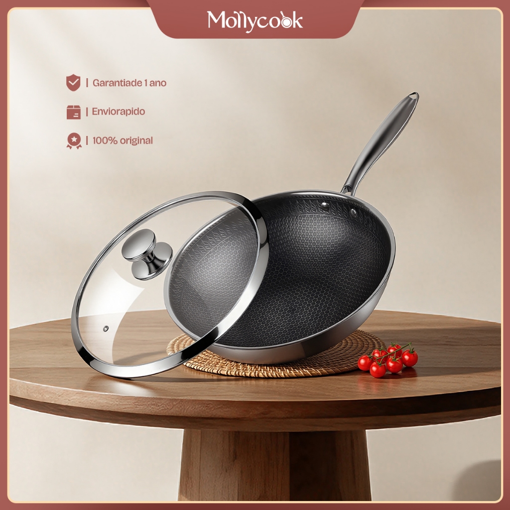 Frigideira Wok  Aço Inox 18/10 Antiaderente 32CM 5L Mollycook Cinza Panela Wok Fogão Indução Gás