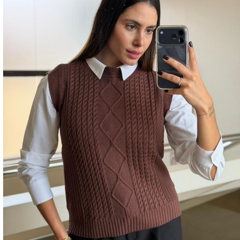 Blusa Feminina Regata Modal com Tranças Losango Gola, Colete Feminino Colete Tricot Elegante