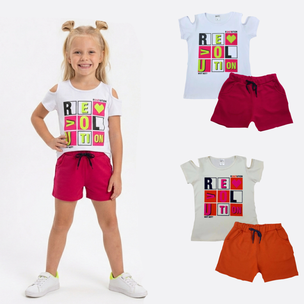 Kit 2 Peças Conjunto Infantil Menina Bloqueirinha Ombro Vazado Colorido Tamanho 4 Ao 12