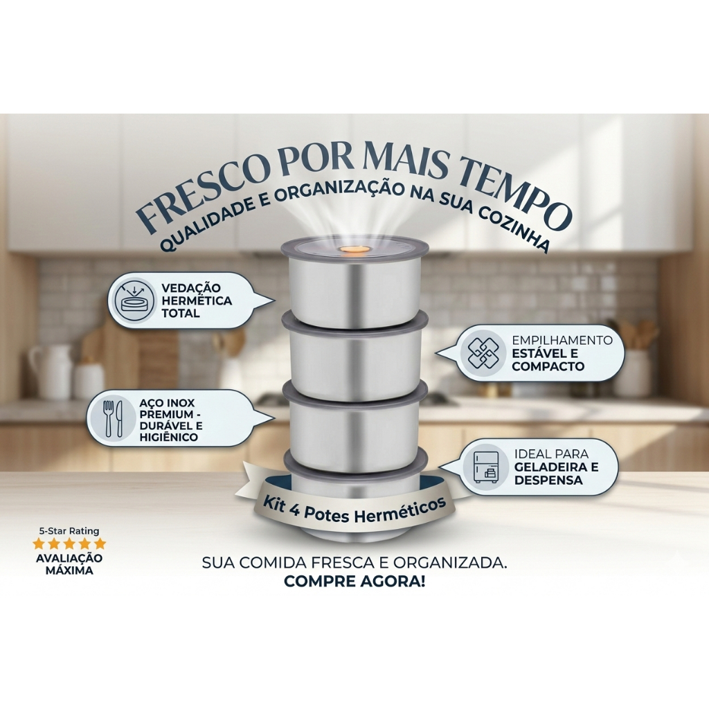 Kit 4 Potes Hermeticos Redondo Inox 450ml Conjunto Vedacao Conservacao Alimentos Marmita Geladeira