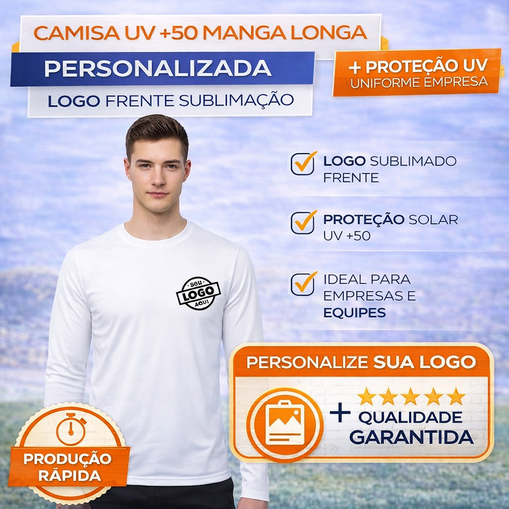 Camisa Manga Malha Fria Longa Personalizada Logo Frente Sublimação Uniforme Empresa Fardamento