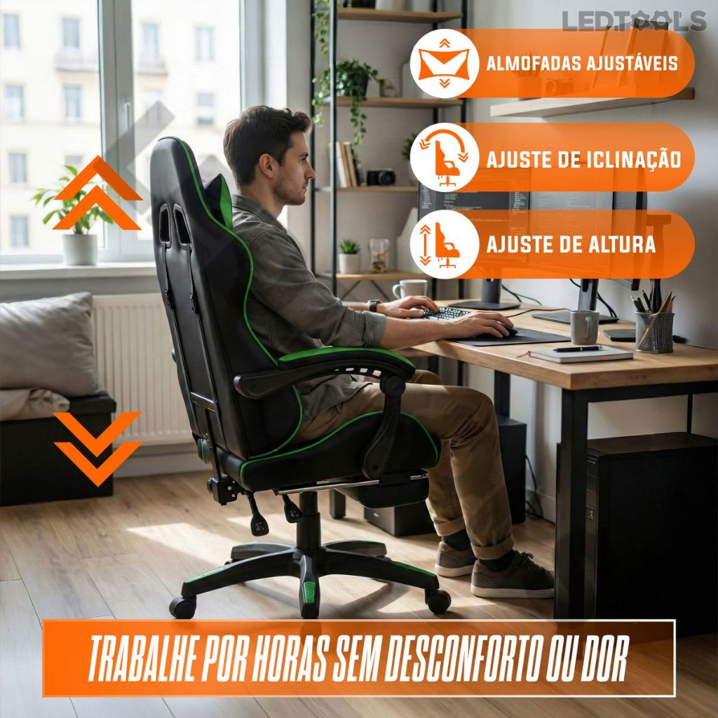 Cadeira De Escritório Gamer Cor Verde Couro Sintético Acolchoada Reclinável Para Jogos Apoio Dos Pés · foto 2