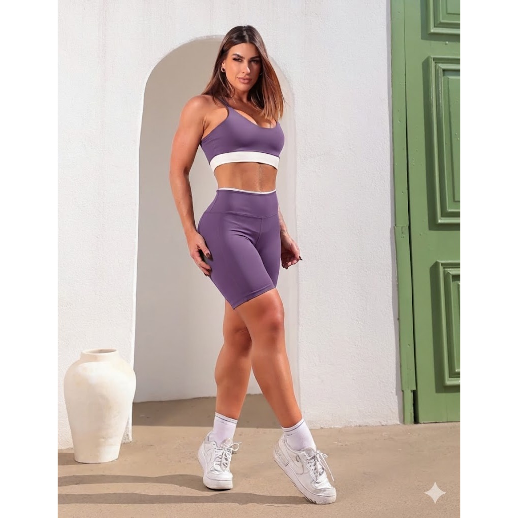Conjunto Bicolor Top + Short Cintura Alta Feminino Poliamida Premium Zero Transparência Para Academia em Oferta na Shopee