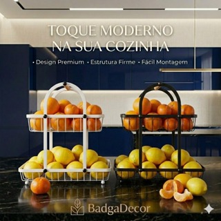 Fruteira ARCO GRANDE 2 Andares Aramada c/ Alça de Madeira Decorativa (Preto/Branco) em Oferta na Shopee