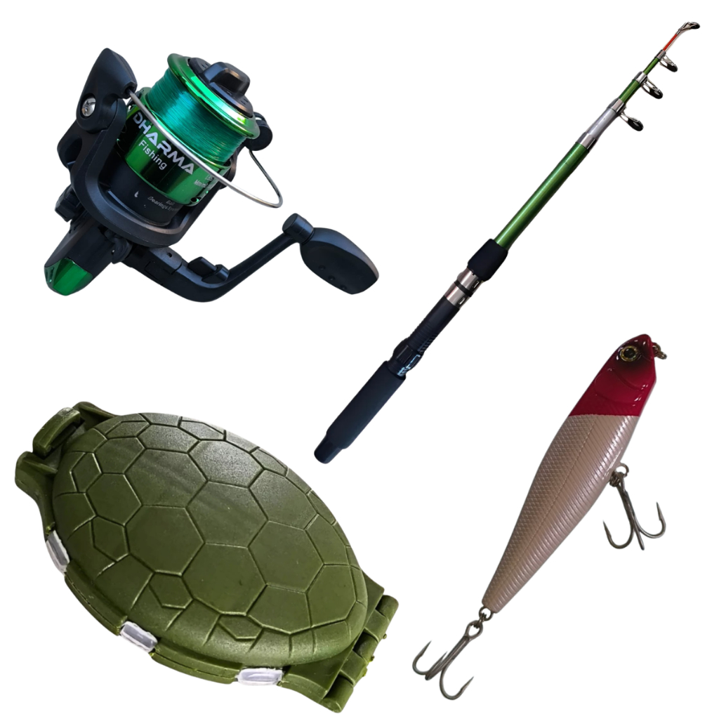 kit para pesca leve 1 vara + 1 molinete + 1 estojo guarda anzois + 1 isca artificial