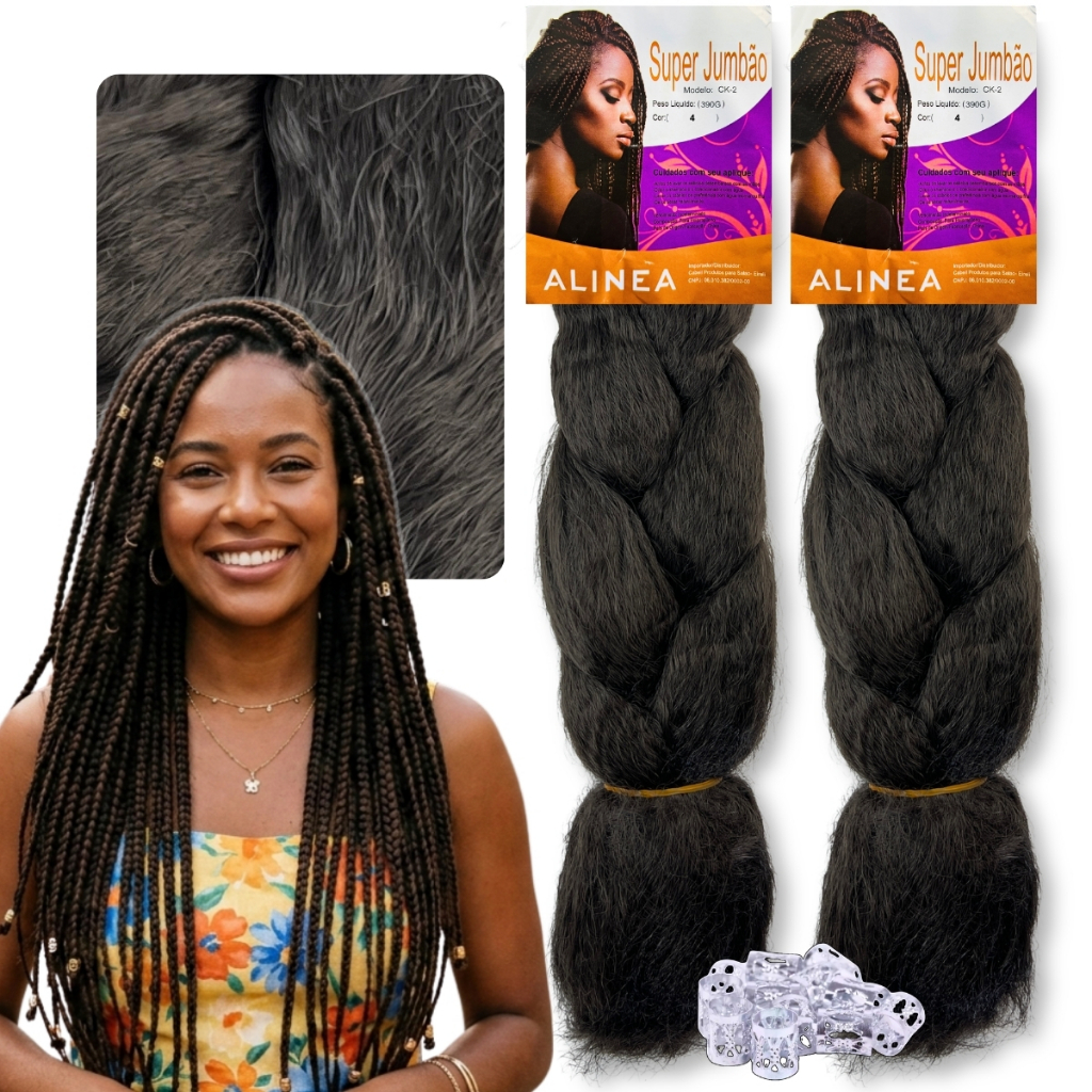 Kit 2 Cabelo Jumbo Jumbão Traças Box Braids Alinea Cherey + Anéis