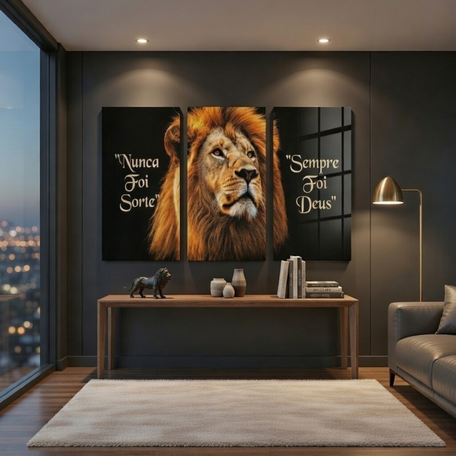 Kit 3 Quadros Nunca Foi Sorte Sempre Foi Deus Leão Judá Decorativo Religioso Quarto Sala Escritório