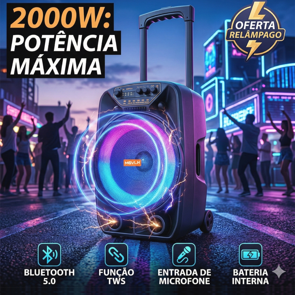 Caixa de Som 2000W Bluetooth Amplificada Portátil Alça Grande com LED em Oferta na Shopee