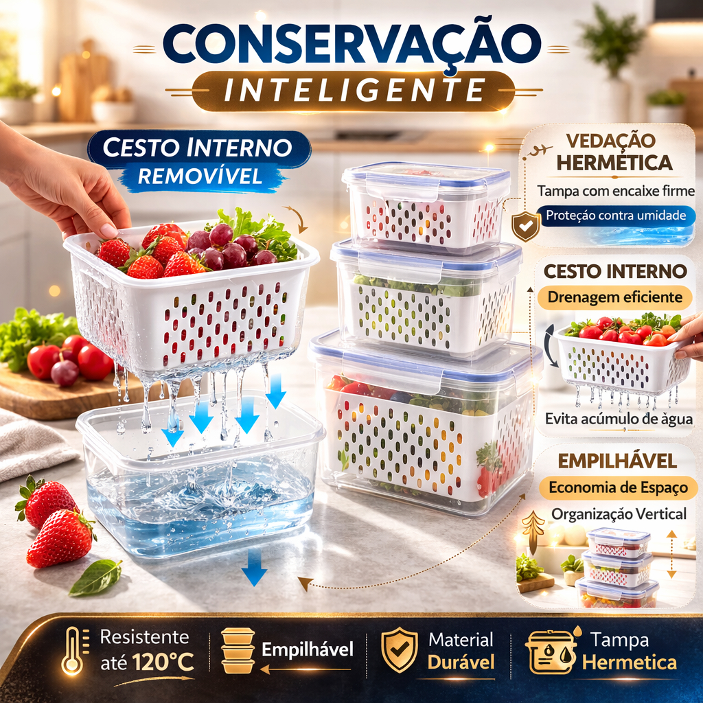 Kit 3 Potes Herméticos Retangular Conjunto Organizador Geladeira Para Frutas Legumes Alimentos