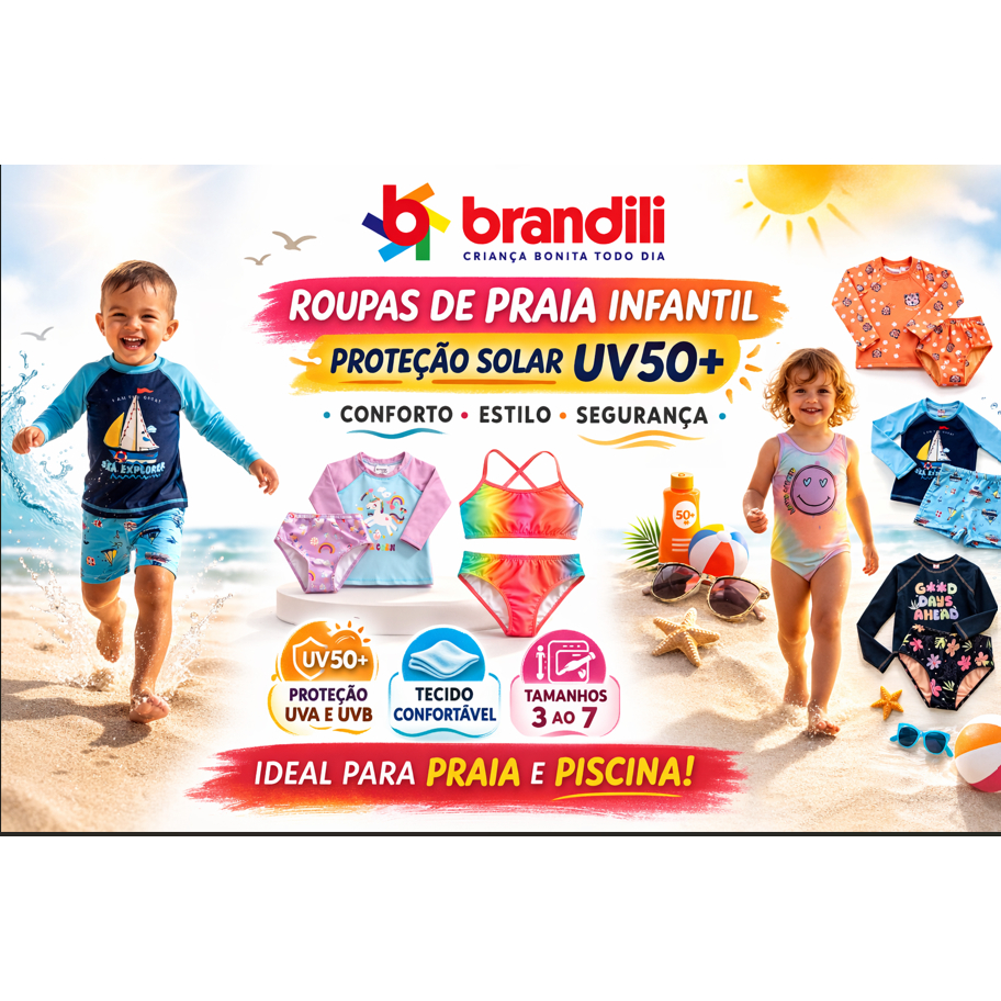 Moda Praia Infantil Brandili UV50+ Proteção Solar UVA UVB Camiseta Térmica Infantil Biquíni Maiô Menino Menina 3 4 5 6 7