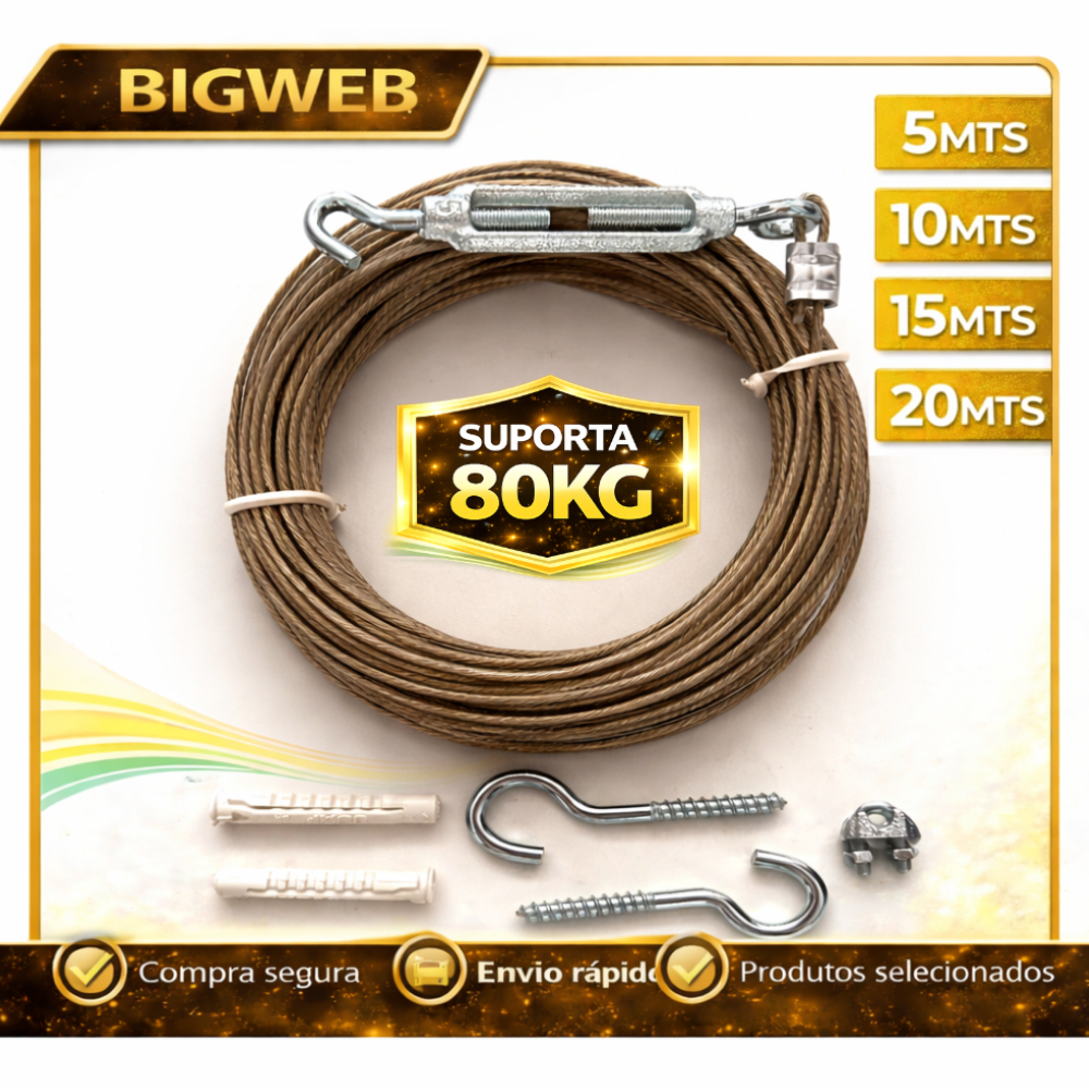 Varal de Aço Revestido 5M 10M 15M ou 20M para Parede com Gancho e Bucha e Esticador