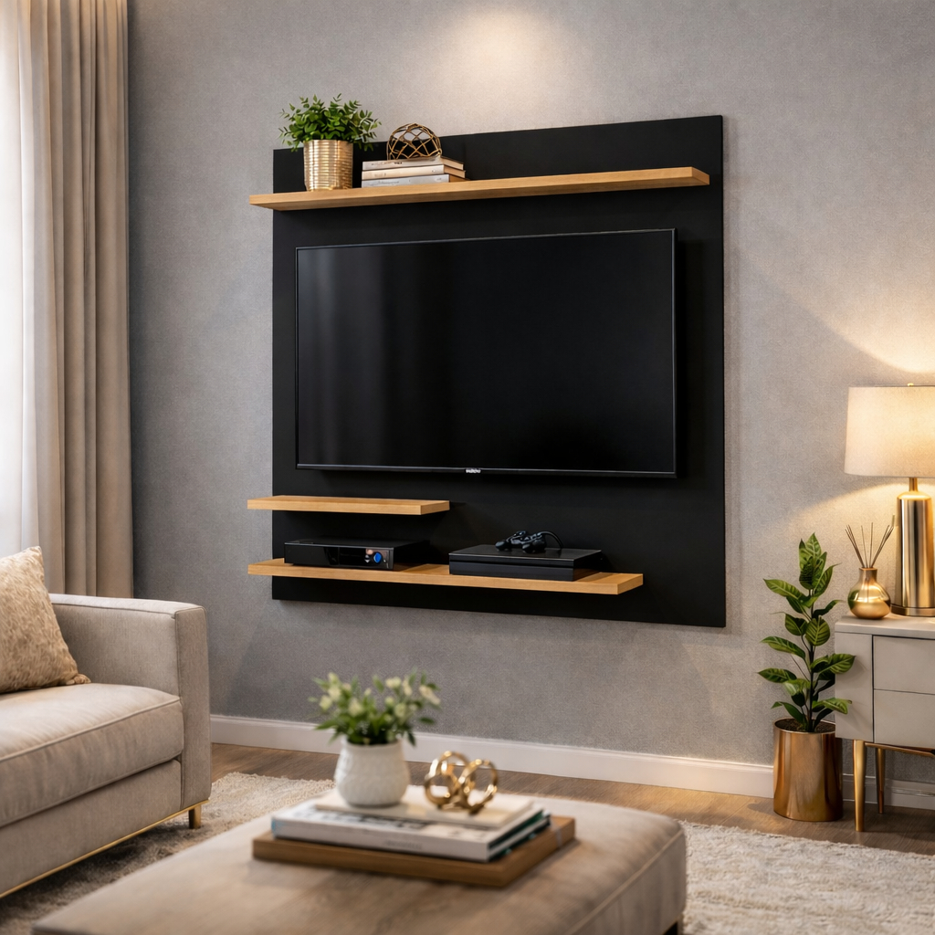 Painel para TV Suspenso com Prateleiras e Nichos – Painel Decorativo Moderno para Sala