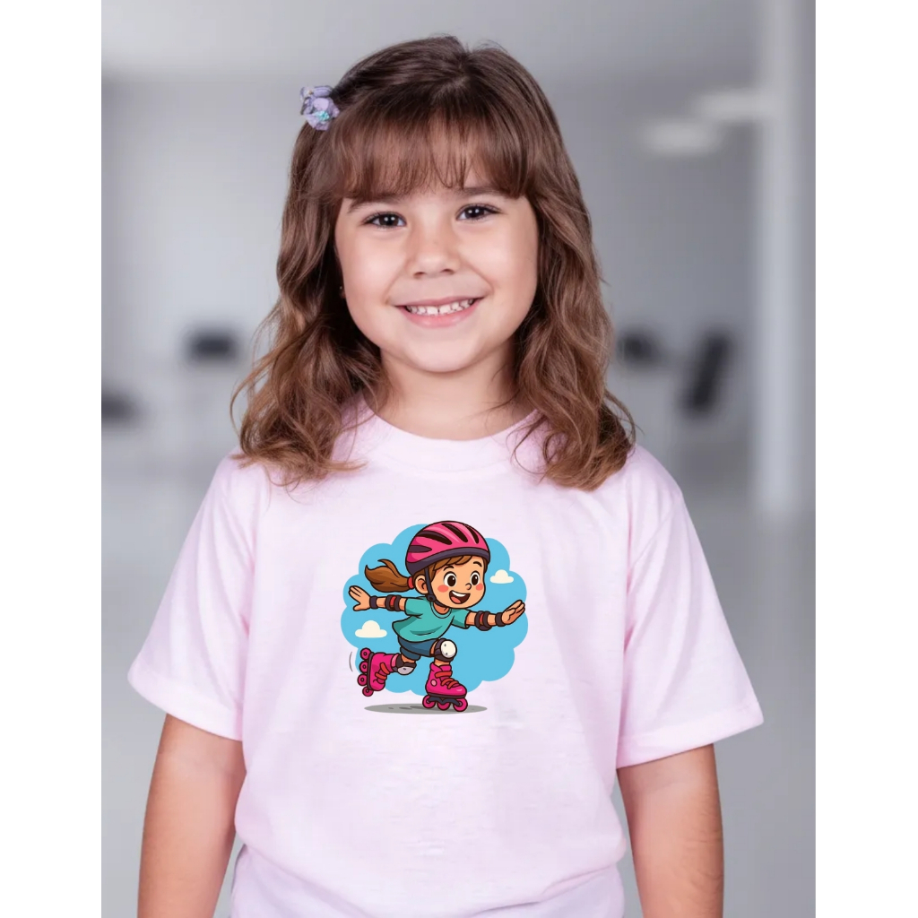 CAMISETA INFANTIL MENINA PATINS PATINETE 4 RODAS RODINHAS