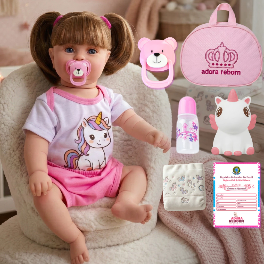 Boneca Bebê Reborn Unicórnio Menina Original Realista de Silicone Pode Dar Banho Com Bolsa Maternidade — imagem 1