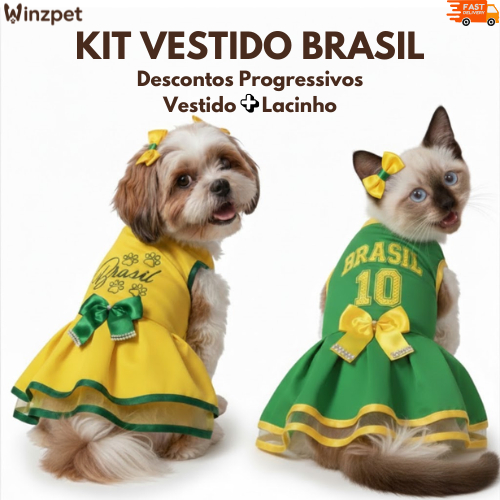 Kit Vestido Brasil para Cachorro 1 a 4 Unidades Roupa Pet Seleção Brasileira Porte Pequeno e Médio