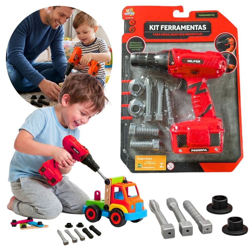 Brinquedo Educativo Infantil Engenheiro Kit Ferramenta 8 Peças Furadeira Parafusadeira Brocas