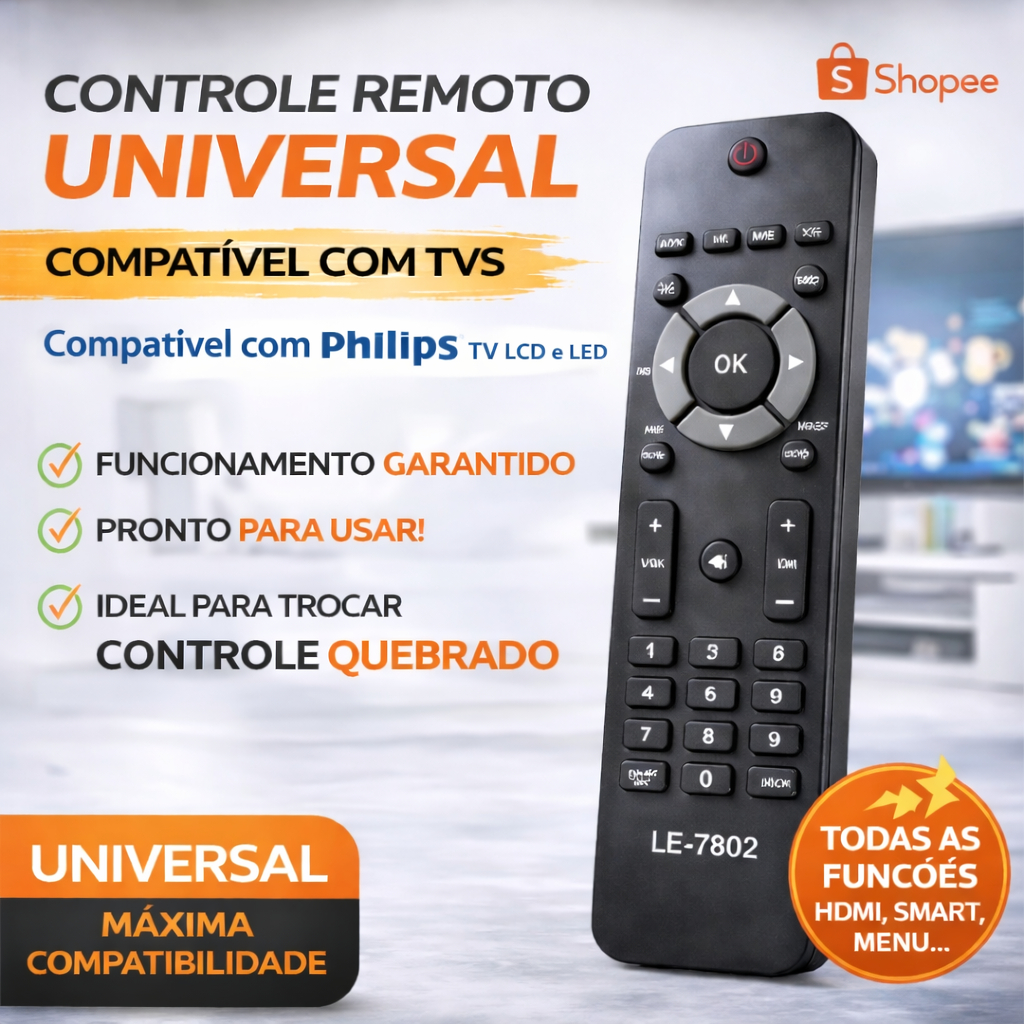 Controle Remoto Philips 42PFL3604D/78 TV LCD LED LE-7802 Compatível Smart HDMI Menu Completo