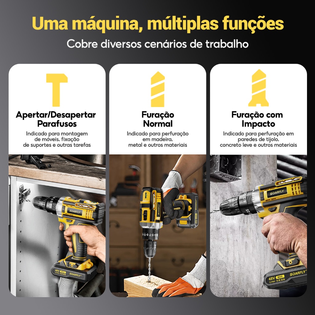 SOARFLY Parafusadeira Furadeira 48V 2 Baterias Com Maleta e Acessórios Completo 28pcs 220V/110V — foto 7