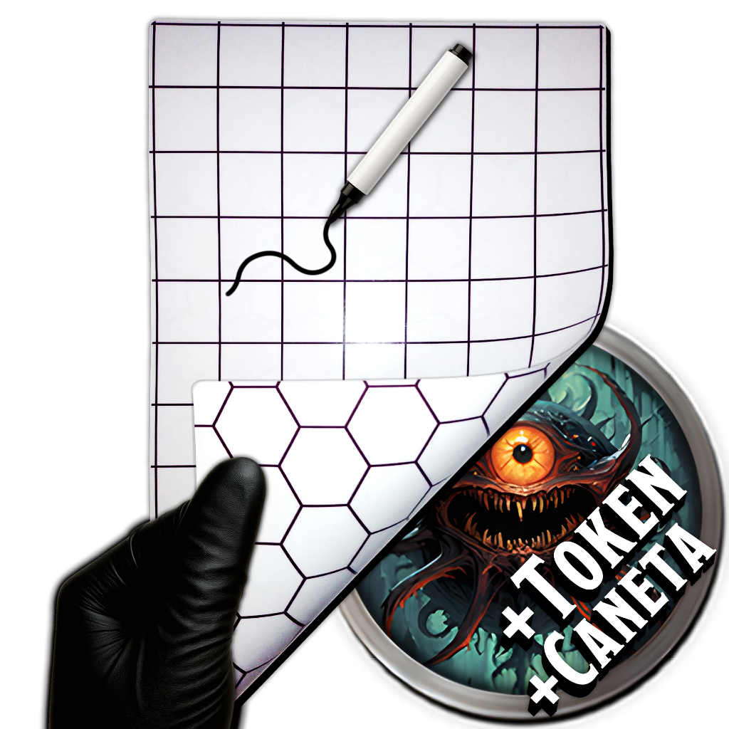 Grid RPG Branco Riscável + Brindes — Mapa de Batalha Frente/Verso Quadrado & Hexágono
