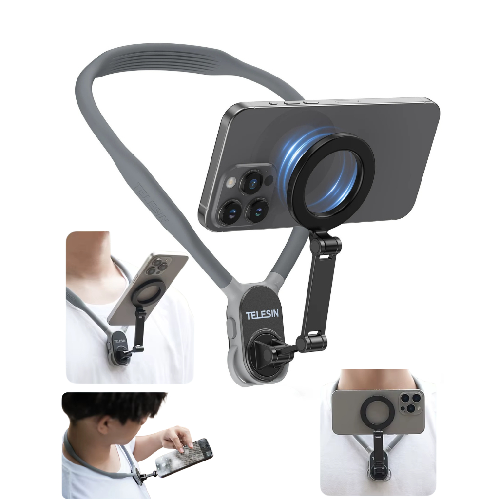 Suporte de Celular Magnético para Pescoço Telesin MagSafe 360° POV Gravar em 1º Pessoa Mãos Livres Ajustável