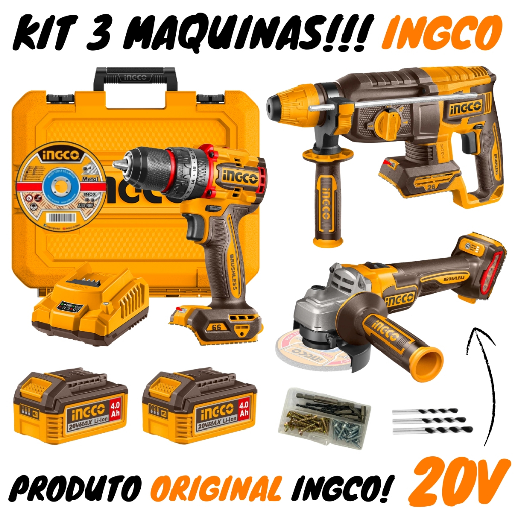 Kit Combo Parafusadeira + Esmerilhadeira + Martelete SdS Plus 20v (COSLI241198-9) Ingco em Oferta na Shopee