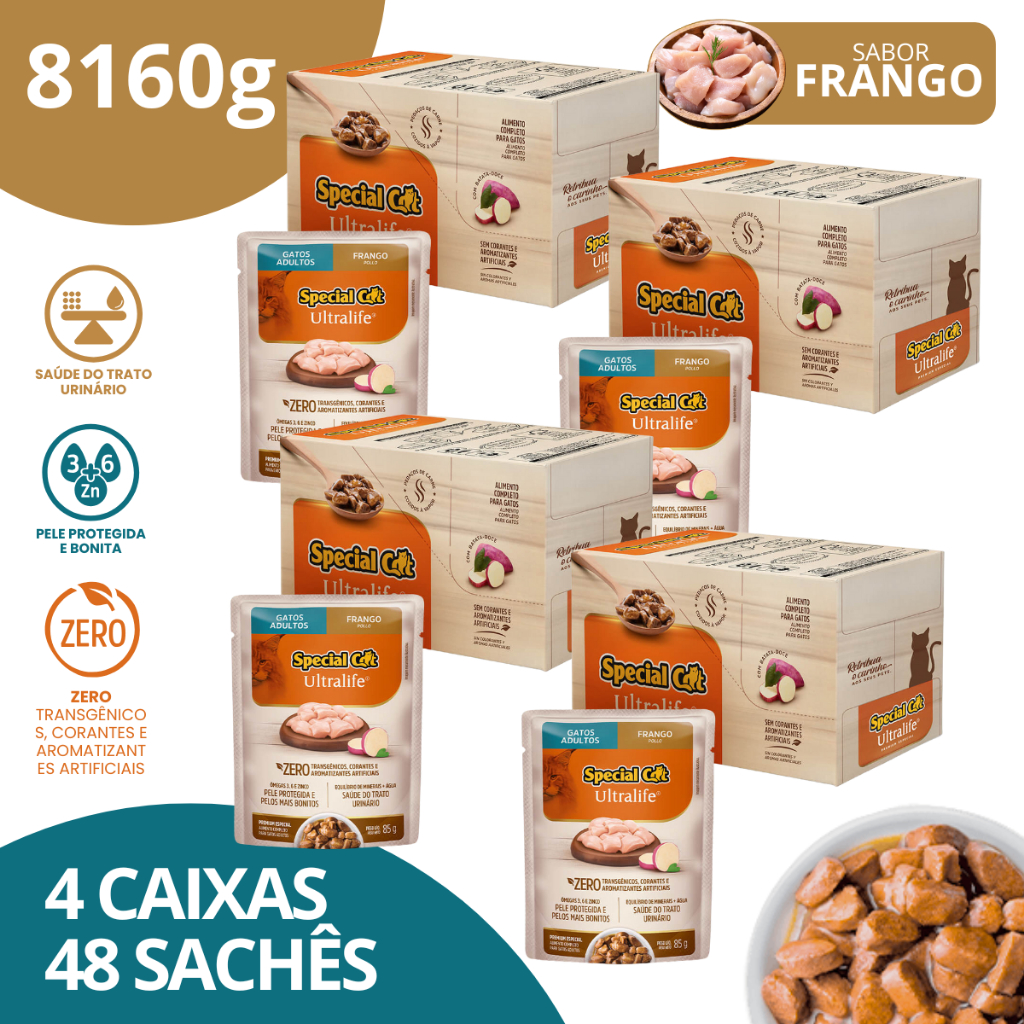 Kit 4 Caixa 12 Sachê Special Cat Ultralife Adultos Sabor Frango - 85g em Oferta na Shopee