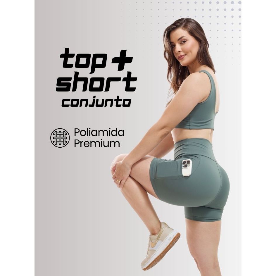 Conjunto Fitness Feminino Top + Short Cintura Alta Poliamida Zero Transparência  Compressão Modelado