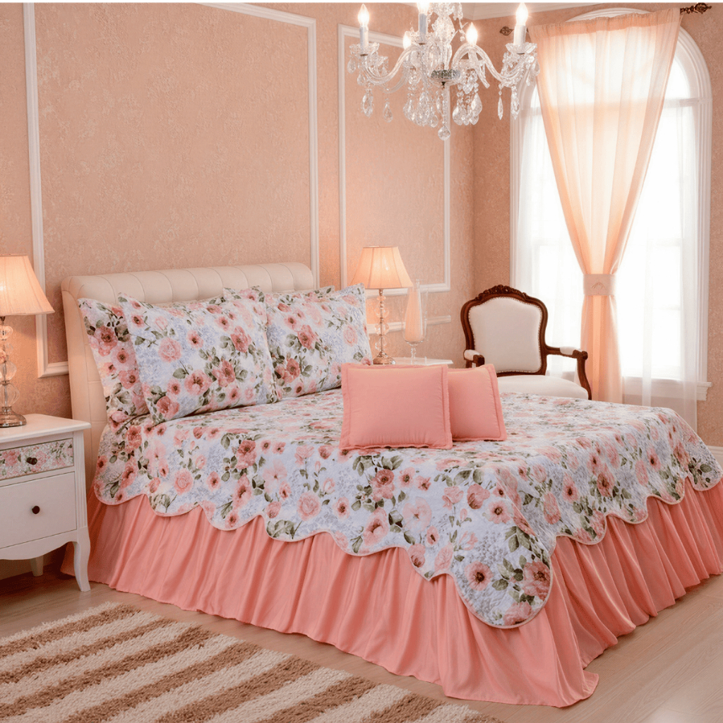Cobre Leito Colcha Casal Queen Estampado Com Babado Liso 3 Peças 300 Fios Macio Envio Imediato