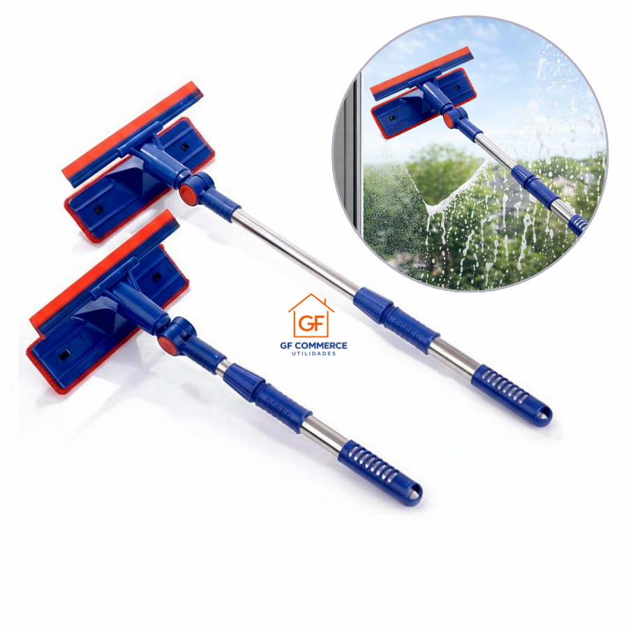 Rodo Limpador de Vidros e Janela Cabo Inox Extensor de Metal Ajustável Articulado 180°