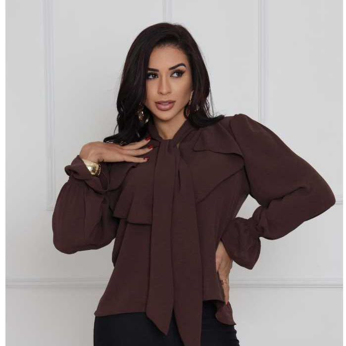 Blusa Feminina casual evangelico Festa Gola Laço Manga Longa