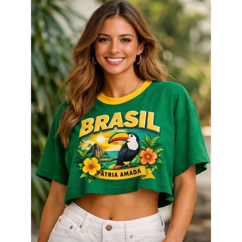 Cropped Feminino Brasil Copa do Mundo Camiseta Estampa DTF Streetwear Moda