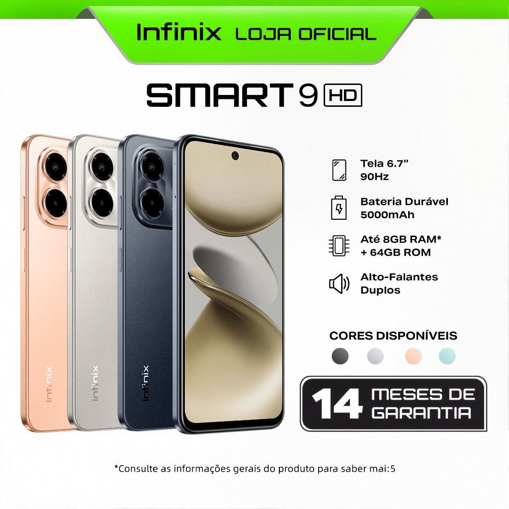 Infinix Smart 9 128GB 4GB RAM, Tela 120Hz 6,7", IP54, IR, Dual Speaker, Android 14 Go, Leitor Digital Lateral em Oferta na Shopee