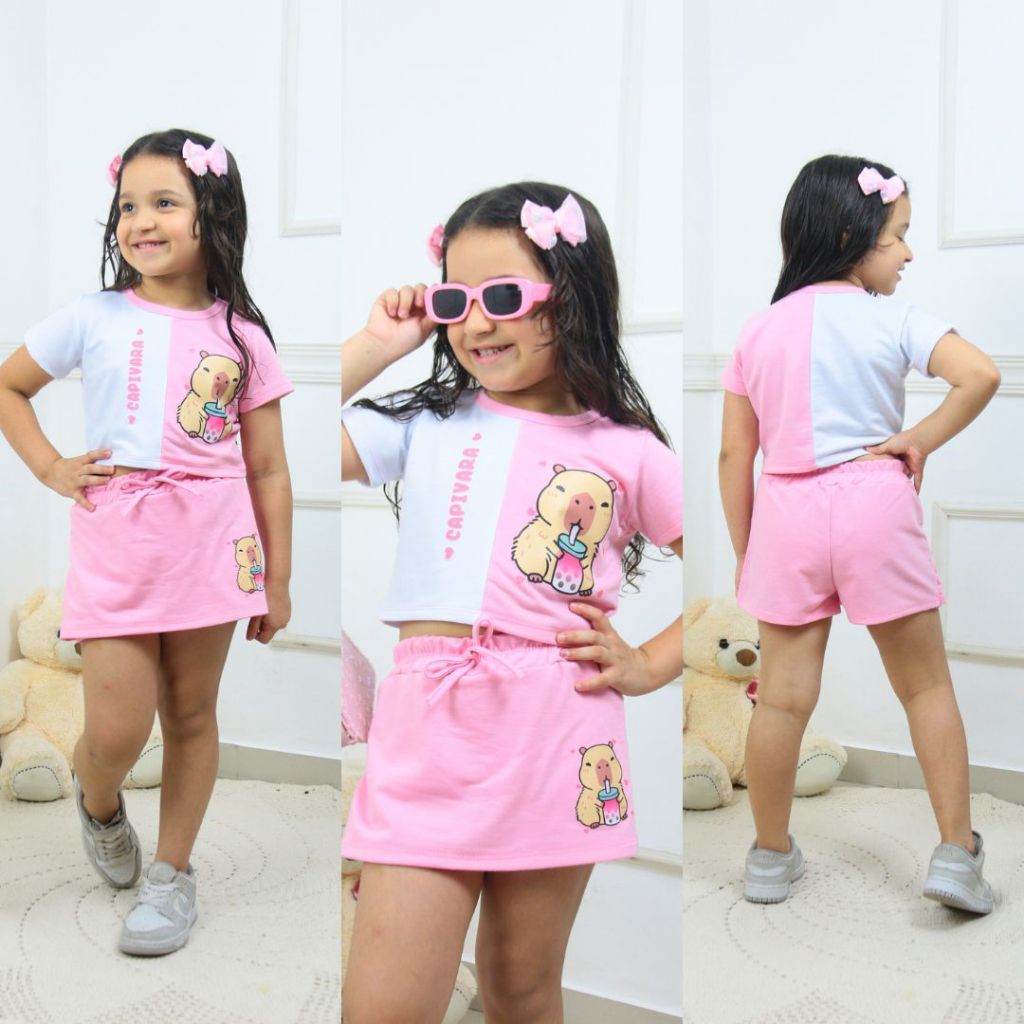 conjunto infantil juvenil feminino short saia estampa capivara 2 ao 16