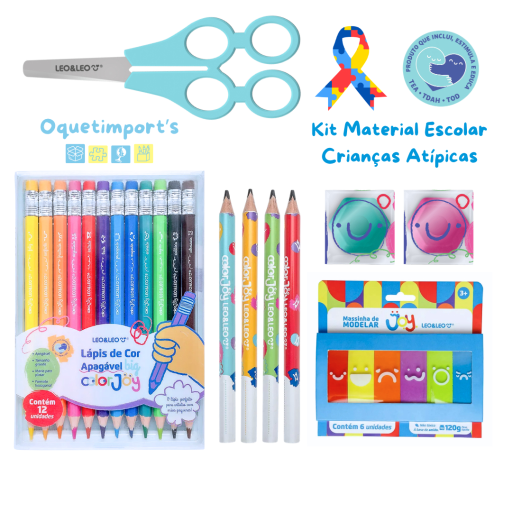 Kit Escolar ColorJoy 12 Lápis Apagável + Massinha Joy 6 Cores + Tesoura Dupla + Borrachas + Grafite