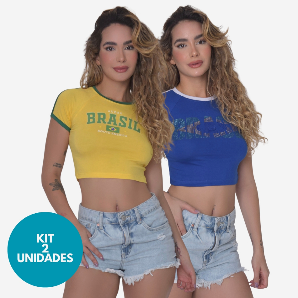 KIT 2 unidades Cropped Brasil Feminino Baby Look Copa do Mundo Camiseta Praia Rio de Janeiro Strass