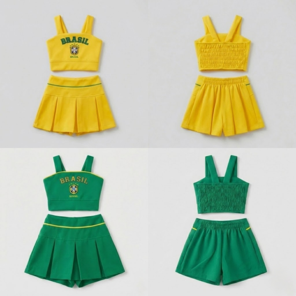 Conjunto Infantil Menina  Cropped e Saia Plissada Torcedora Copa Confortável