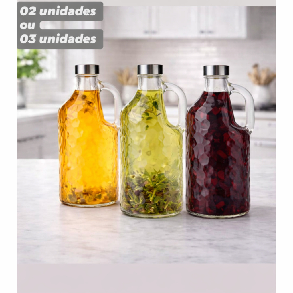 Conjunto Garrafas de Vidro com Alça 2 ou 3 unid Transparente 1 Litro Tampa Inox Hermética ...