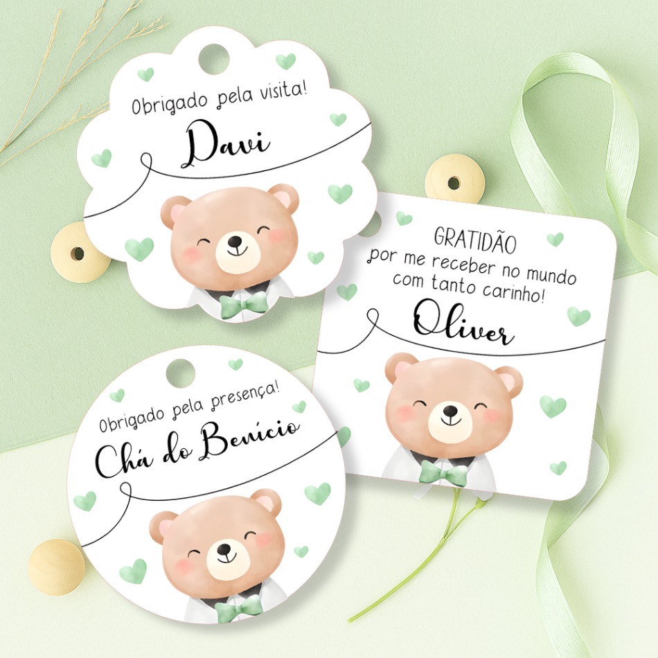 Tag Agradecimento Ursinho Verde - Lembrancinha Saída Maternidade Menino Chá de Bebê Urso